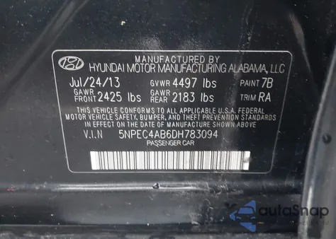 2013 Hyundai Sonata Limited 2.0T из США, поврежденный, VIN 5NPEC4AB6DH783094